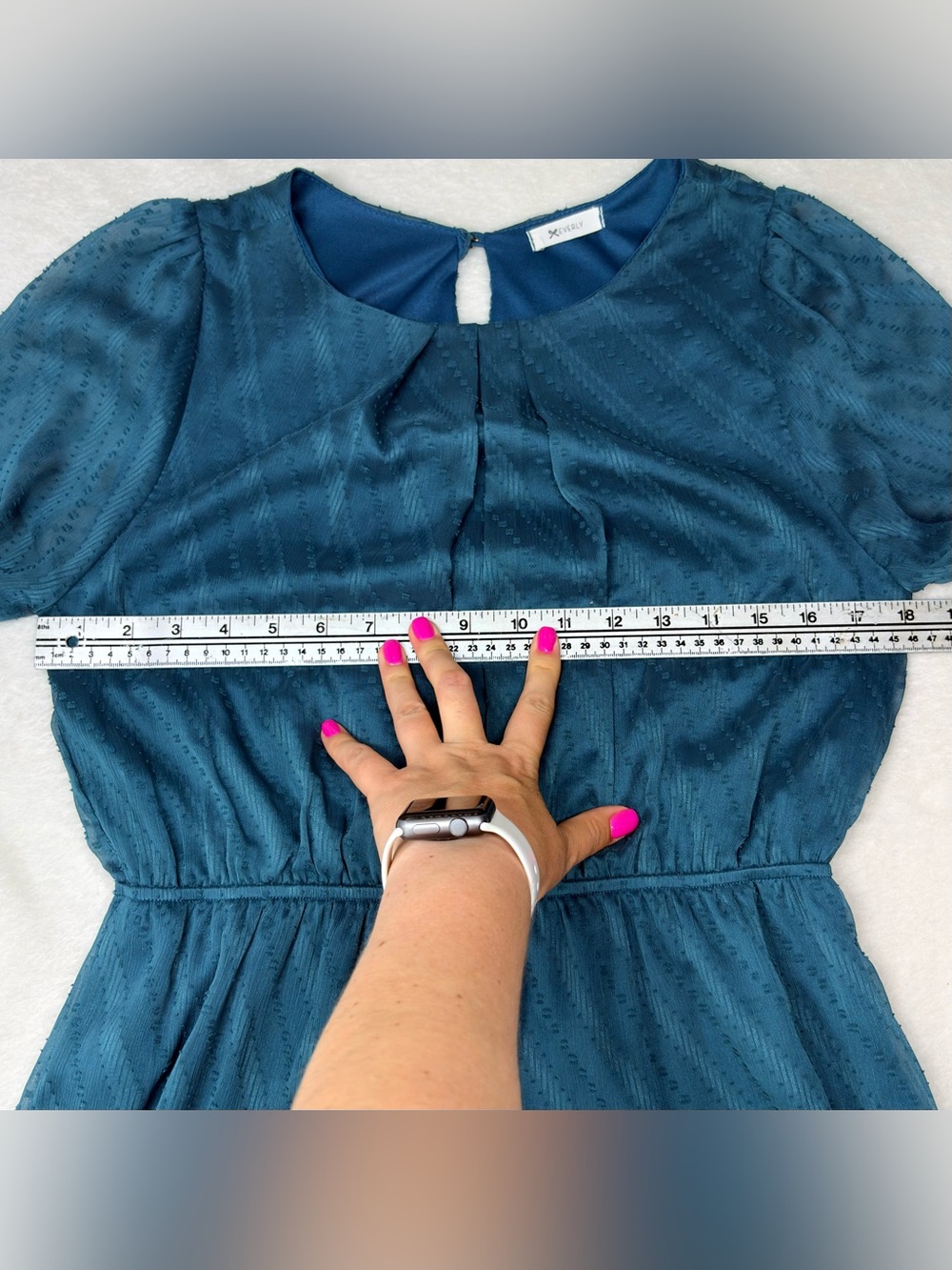 Everly Teal Textured Dress Semi Sheer Sleeves Knee Length Size L - Picture 6 of 10
